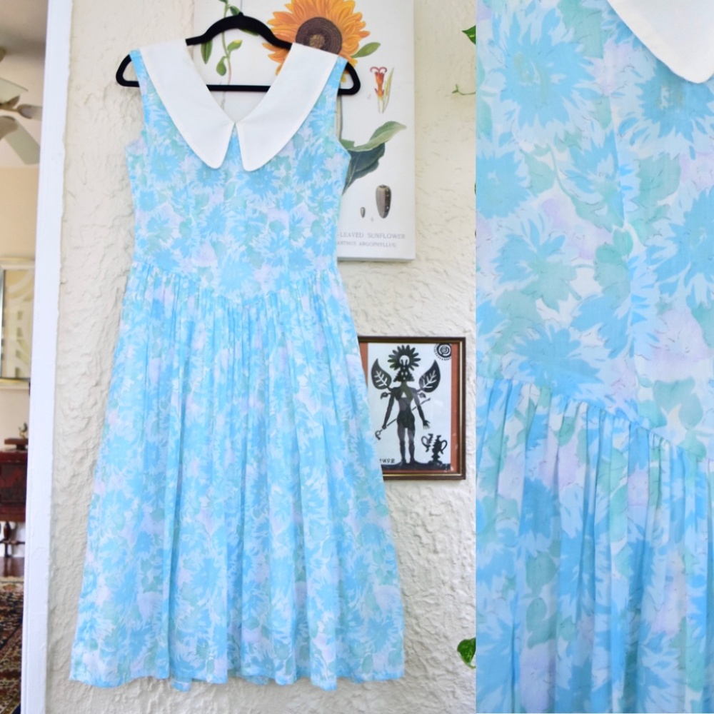 50s pastel teal blue green purple cotton gauze day dress (S) - Picture 1 of 5
